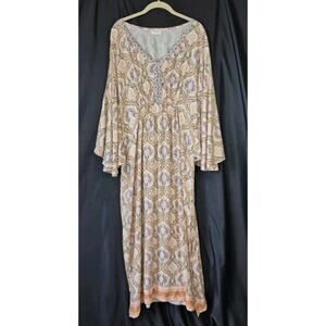 World Market Boho Caftan Paisley Pink Yellow Maxi Dress S M